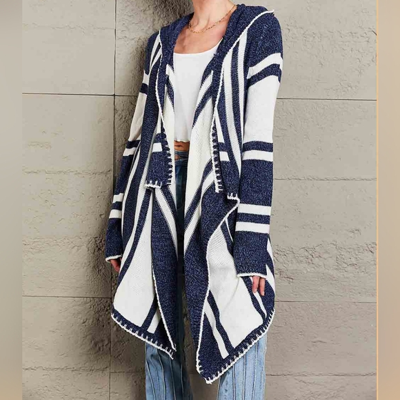 Long Hooded Oversized Knit Open Front Drape Cardigan Handkerchief Bohemian Chic - Picture 14 of 14